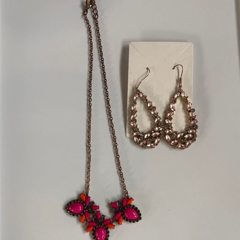 Elegant Pink and Orange Necklace and pink rhinestone Earring
